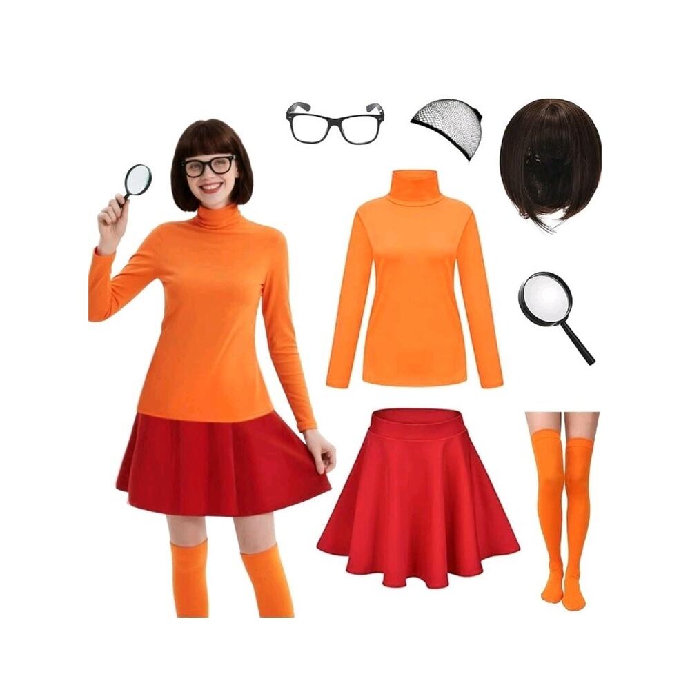 Orange Turtleneck & Red Skirt Costume Set for Women